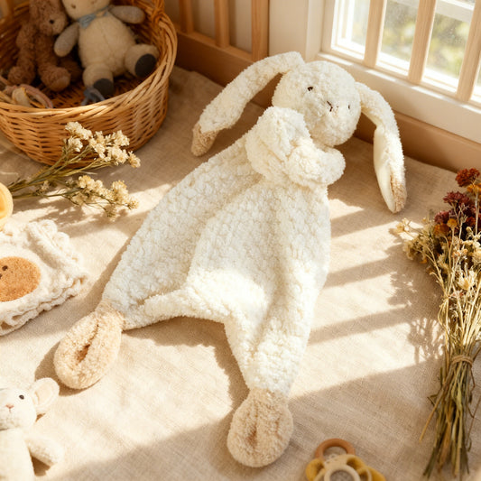 White plush bunny toy on a soft surface with dried flowers and a basket of toys in the background.