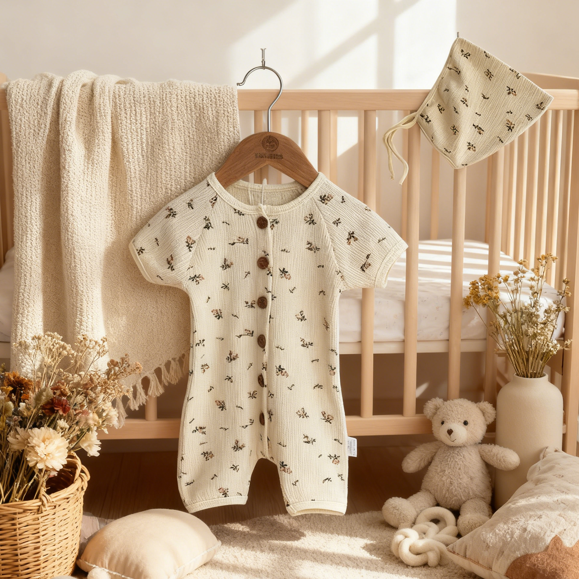 Baby romper with floral pattern hanging on a crib in a nursery setting