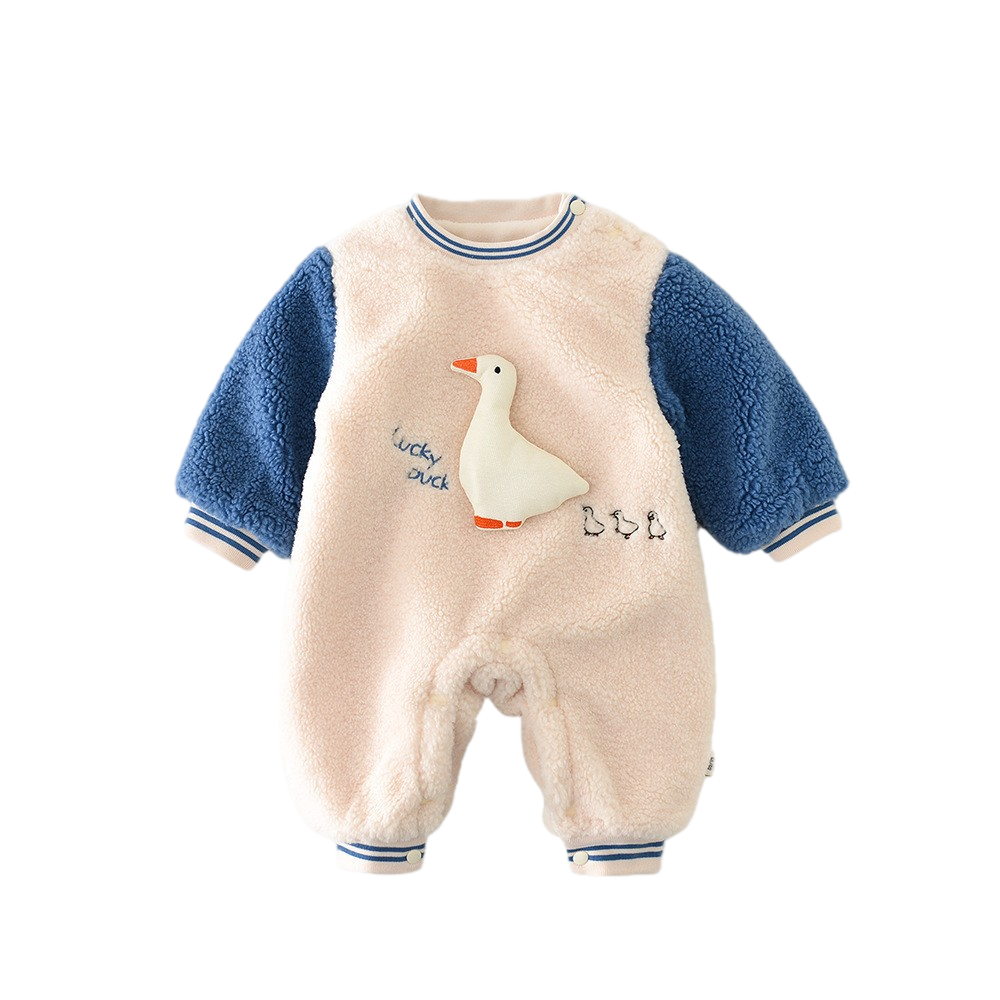 Baby romper with duck design on a white background