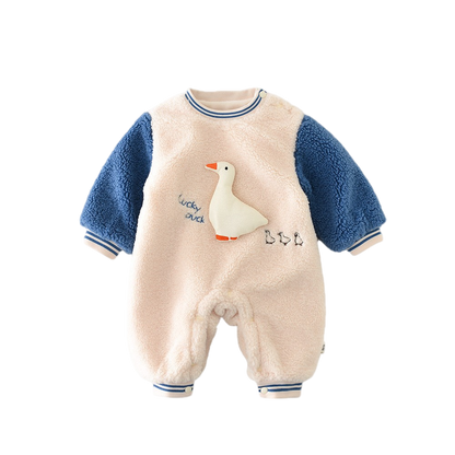 Baby romper with duck design on a white background