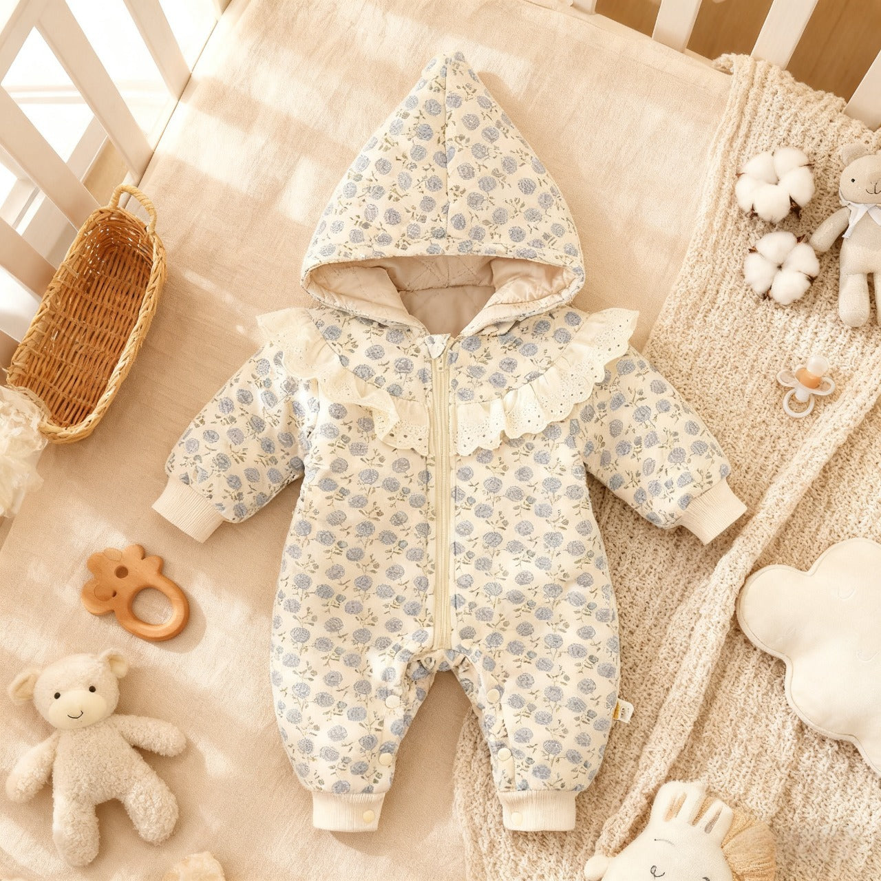 Baby onesie with floral pattern on a crib with toys