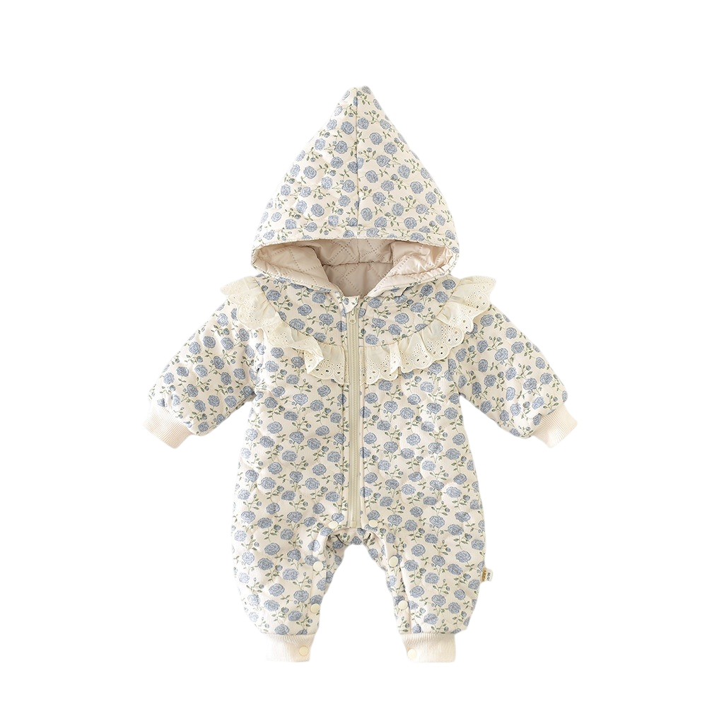 Baby snowsuit with floral pattern on a white background