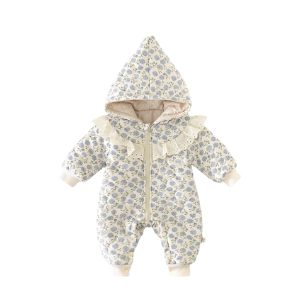Baby snowsuit with floral pattern on a white background