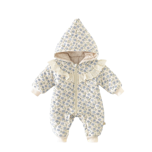Baby snowsuit with floral pattern on a white background