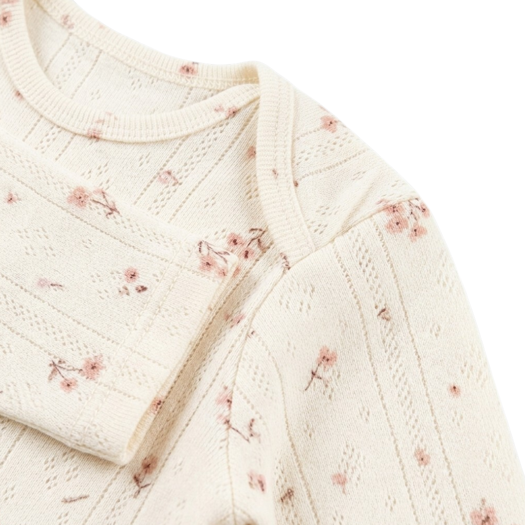 White Pink Floral Jacquard Long-Sleeve Baby Bodysuit