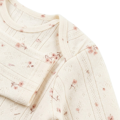 White Pink Floral Jacquard Long-Sleeve Baby Bodysuit