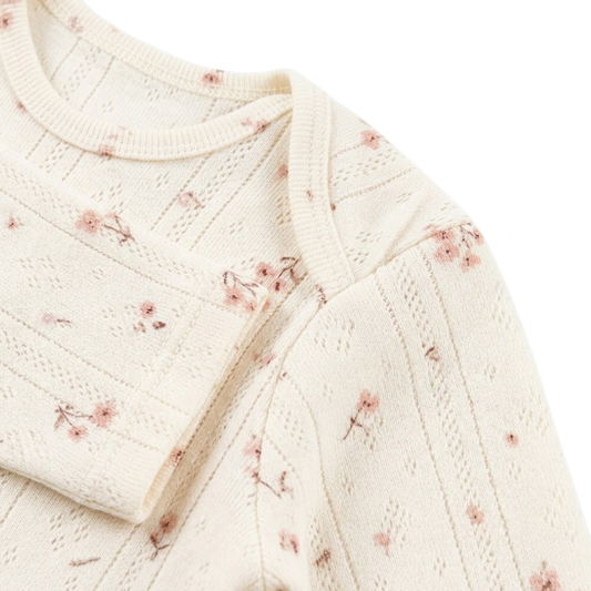 White Pink Floral Jacquard Long-Sleeve Baby Bodysuit