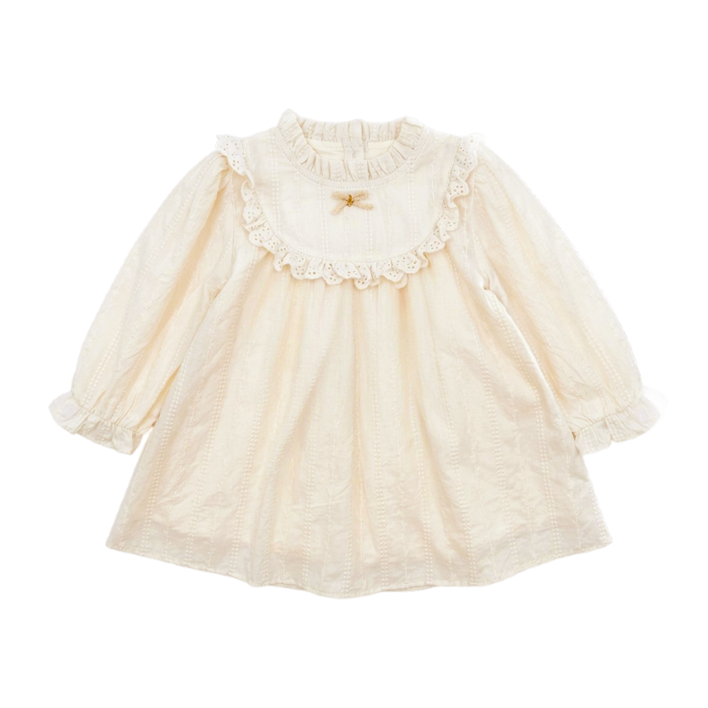 Cream long-sleeve girls dress with a ruffle lace collar in an isolated product view