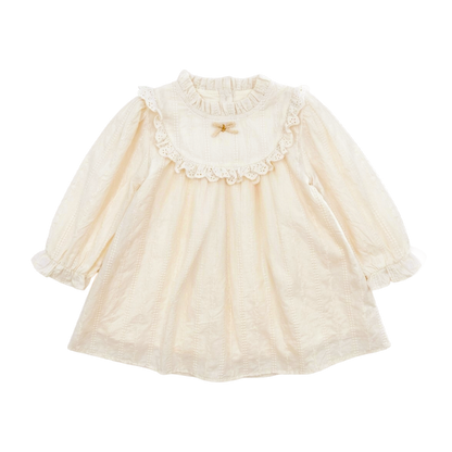 Cream long-sleeve girls dress with a ruffle lace collar in an isolated product view