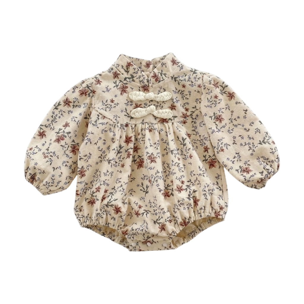 Apricot Floral Mandarin-Collar Long-Sleeve Outfit