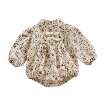 Apricot Floral Mandarin-Collar Long-Sleeve Outfit