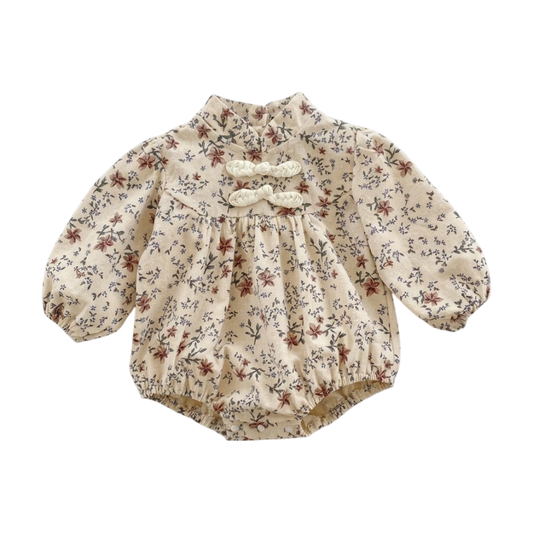 Apricot Floral Mandarin-Collar Long-Sleeve Babysuits