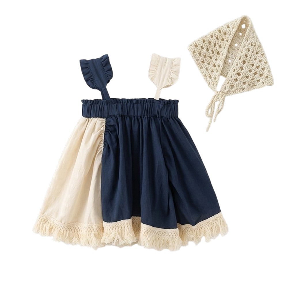 Navy and Cream Fringe Baby Dress and Headscarf Set