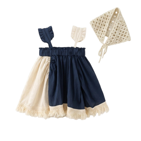 Navy and Cream Fringe Baby Dress and Headscarf Set