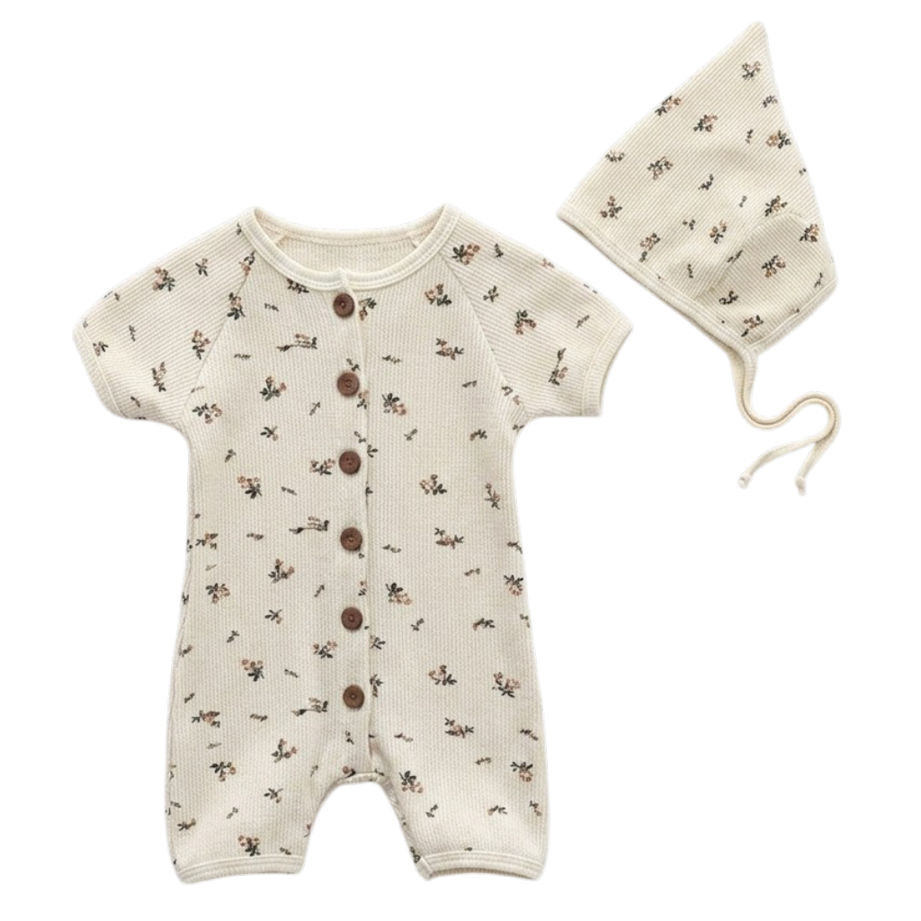 Cream Floral Baby Romper & Hat Set