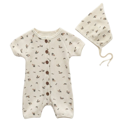 Cream Floral Baby Romper & Hat Set