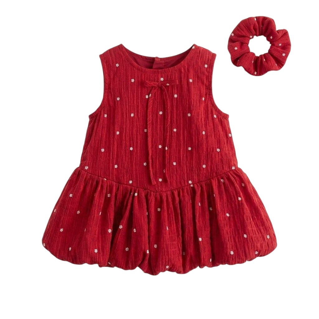 Red Tiny-Floral Baby Bloomer Skirt and Hair Tie Set