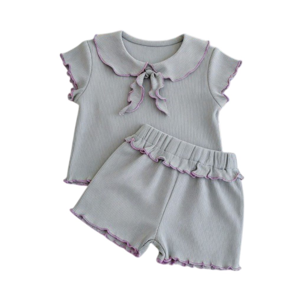 Blue-Lilac Ruffle-Collar Baby Outfit Set
