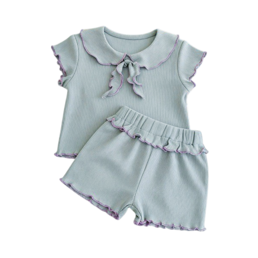 Blue-Lilac Ruffle-Collar Baby Outfit Set