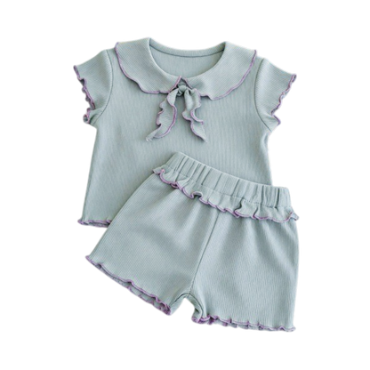 Blue-Lilac Ruffle-Collar Baby Outfit Set