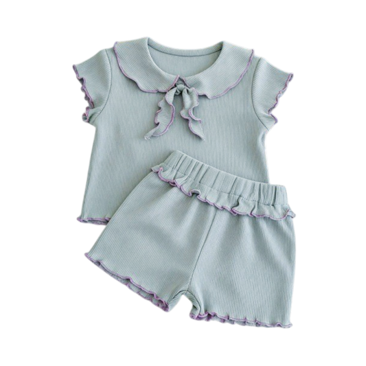 Blue-Lilac Ruffle-Collar Baby Outfit Set