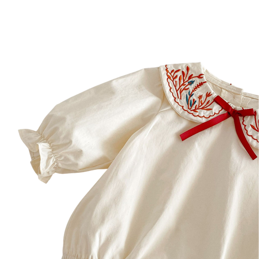 Cream Red-Embroidered Baby Outfit