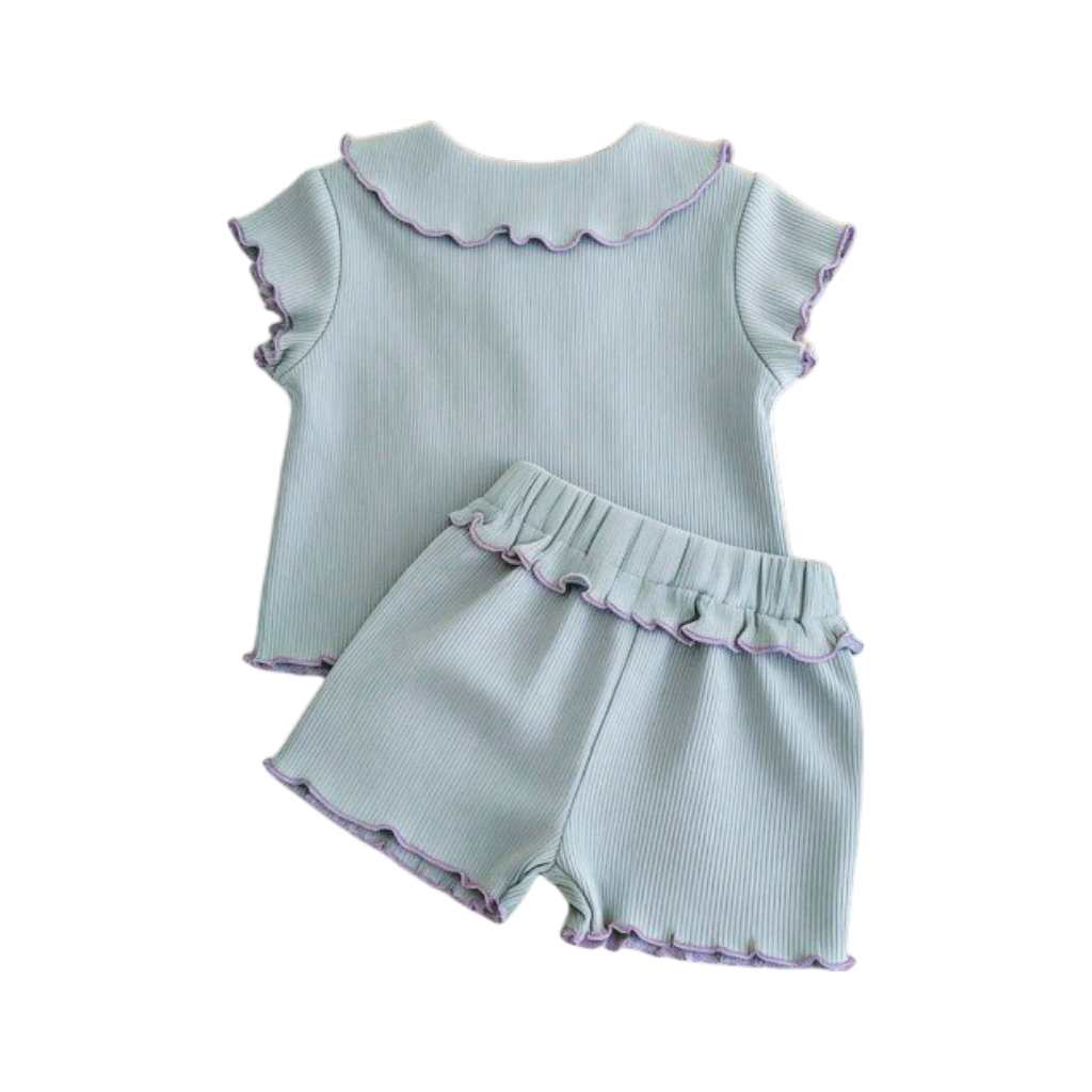 Blue-Lilac Ruffle-Collar Baby Outfit Set