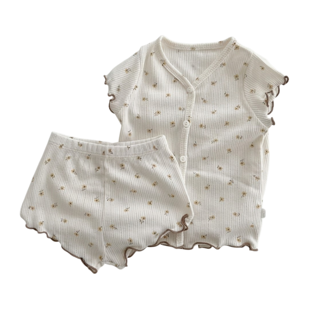 Cream Tiny-Floral Ruffle-Trim Baby Top and Shorts Set