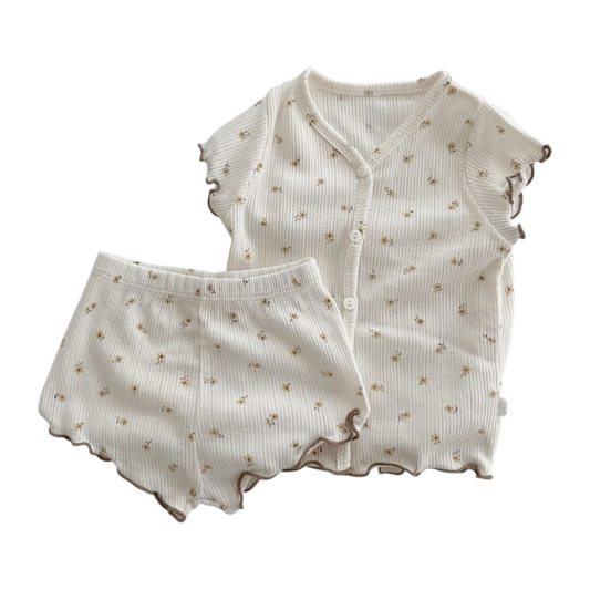 Cream Tiny-Floral Ruffle-Trim Baby Top and Shorts Set