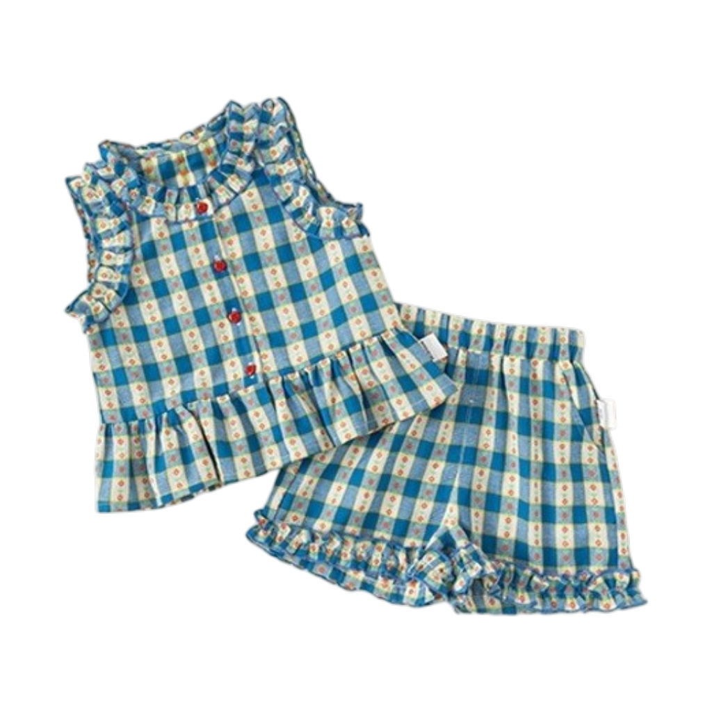 Blue Vintage Gingham Baby Top and Shorts Set