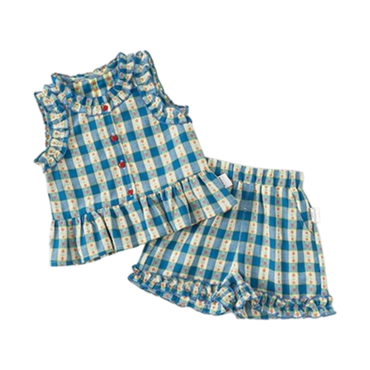 Blue Vintage Gingham Baby Top and Shorts Set