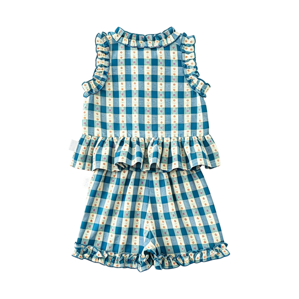 Blue Vintage Gingham Baby Top and Shorts Set