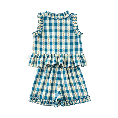 Blue Vintage Gingham Baby Top and Shorts Set