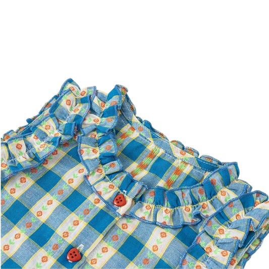 Blue Vintage Gingham Baby Top and Shorts Set