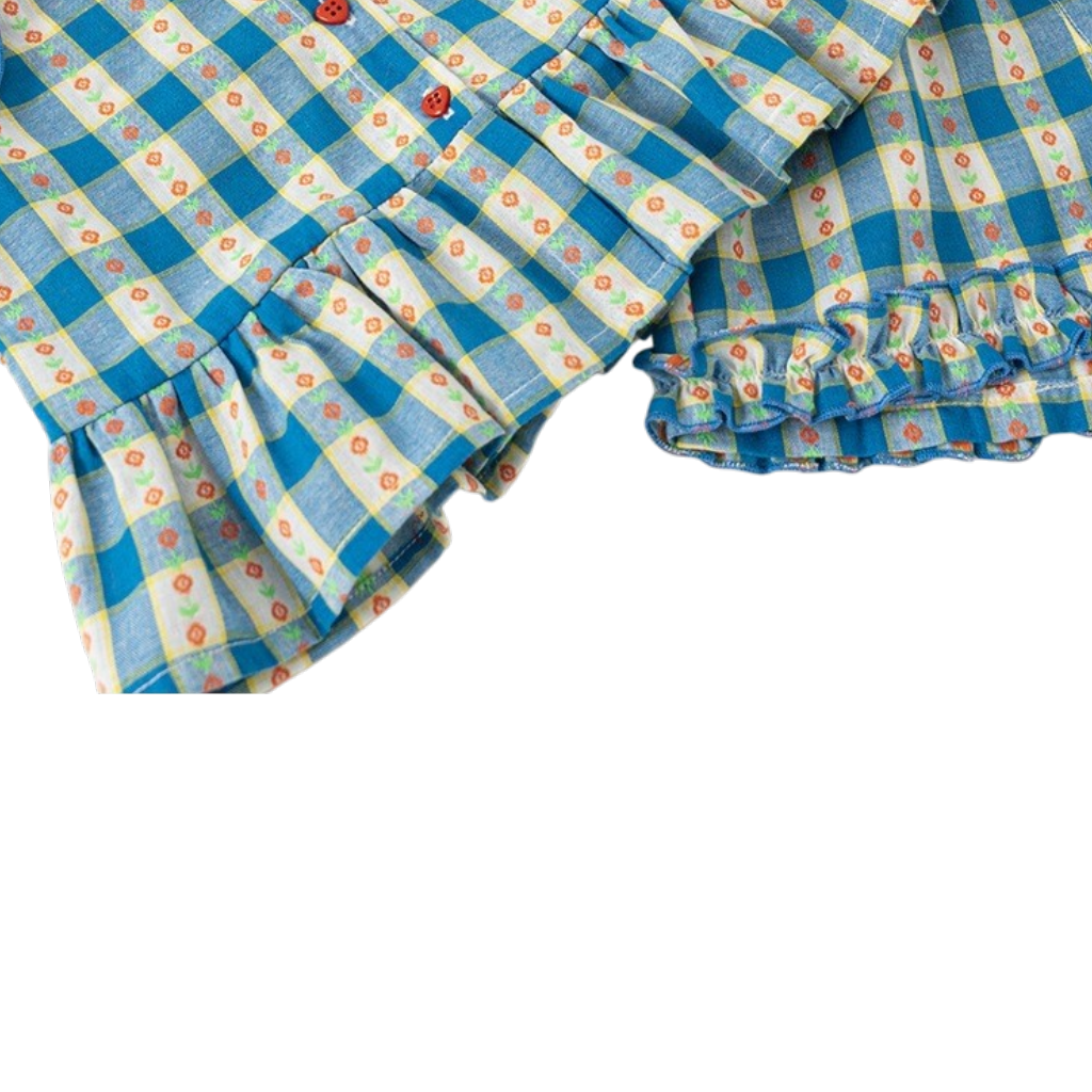 Blue Vintage Gingham Baby Top and Shorts Set