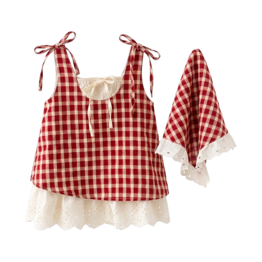 Red Gingham Baby Dress and Headscarf Set