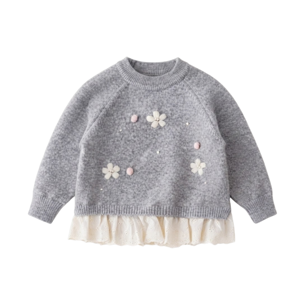 Grey Crochet-Trim Knit Baby Sweater