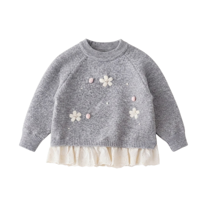Grey Crochet-Trim Knit Baby Sweater