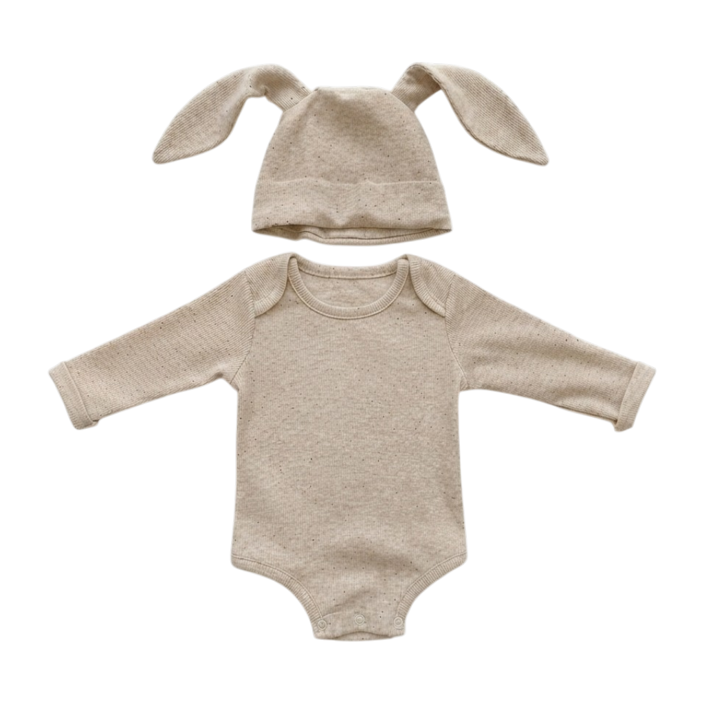 Beige-Cream Cotton Baby Bodysuit Set