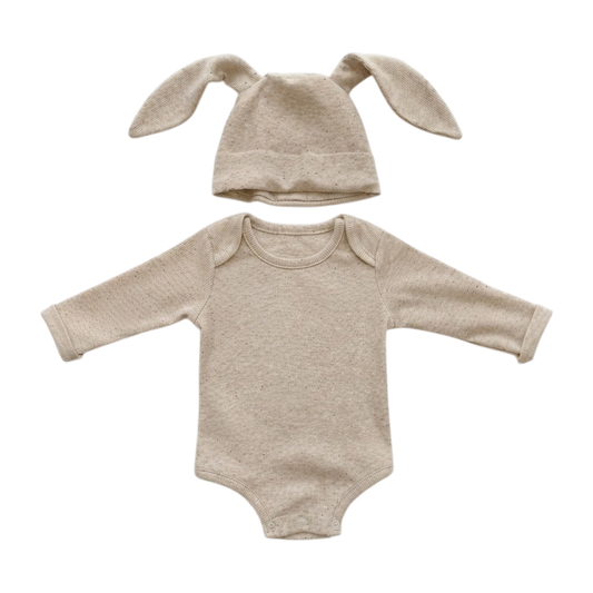 Beige-Cream Cotton Baby Bodysuit Set