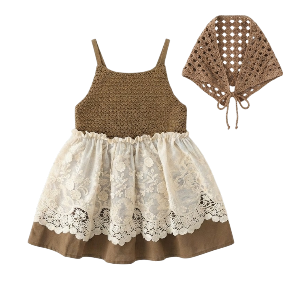 Brown Crochet-Lace Baby Dress and Headscarf Set