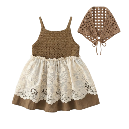 Brown Crochet-Lace Baby Dress and Headscarf Set