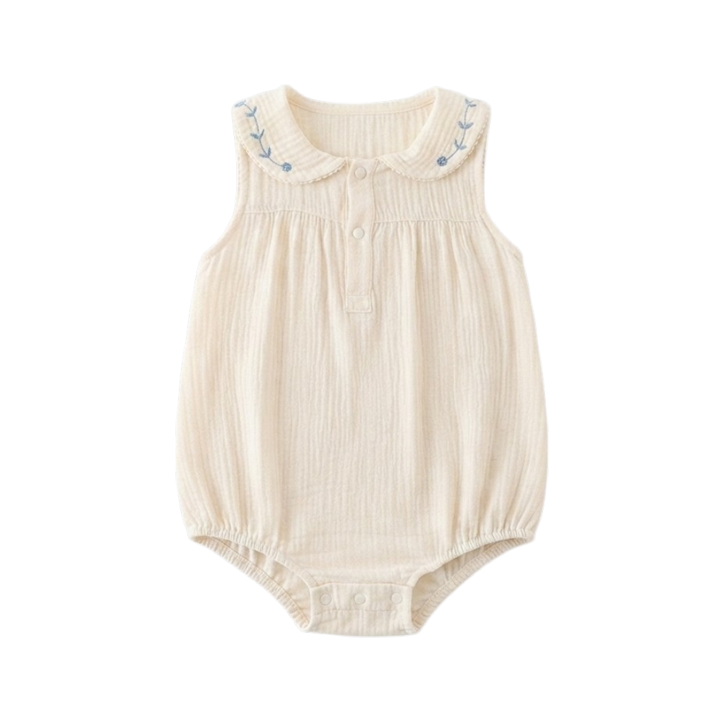 Cream Blue-Floral Collar Sleeveless Baby Outfit