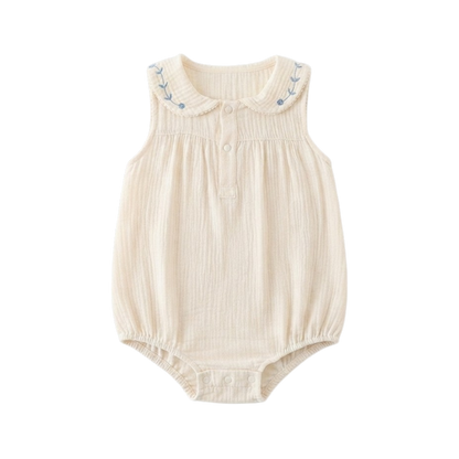 Cream Blue-Floral Collar Sleeveless Baby Outfit