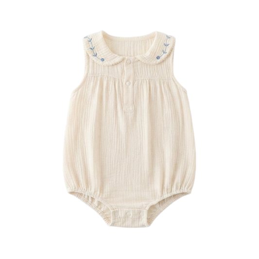 Cream Blue-Floral Collar Sleeveless Baby Outfit