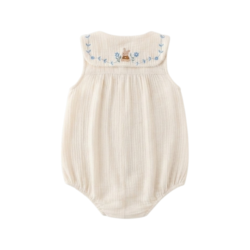 Cream Blue-Floral Collar Sleeveless Baby Outfit