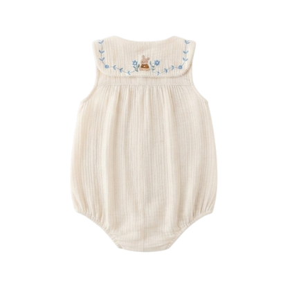 Cream Blue-Floral Collar Sleeveless Baby Outfit