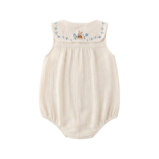 Cream Blue-Floral Collar Sleeveless Baby Outfit