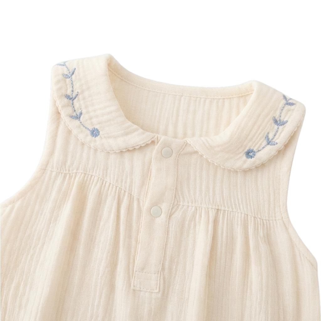 Cream Blue-Floral Collar Sleeveless Baby Outfit