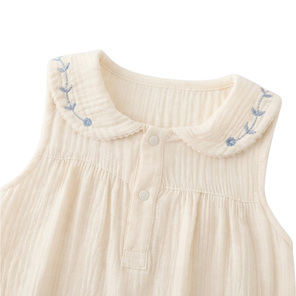 Cream Blue-Floral Collar Sleeveless Baby Outfit